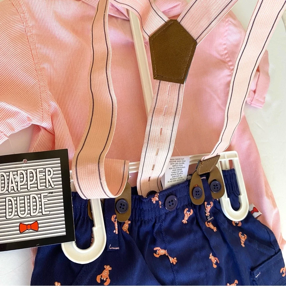 DAPPER DUDE SUSPENDER SHORT PANTS SHIRT SET 12 MONTHS PINK BLUE NWT EASTER